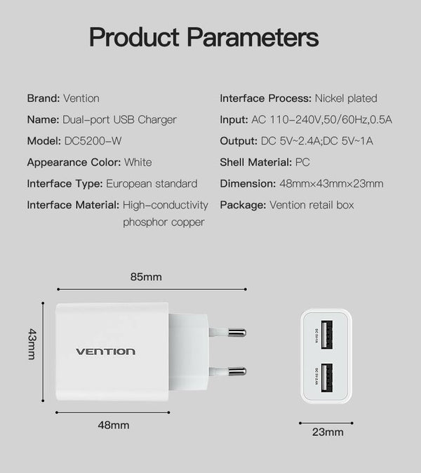 Planet Gates Mobile Phone Charger 5V 1A 2.4A Dual USB Charger Portable Travel Wall Charger Adapter EU Plug For samsung s8 Xiaomi