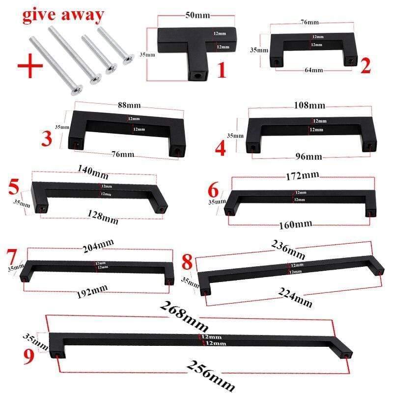 Modern Black Cabinet Handle Square Furniture Hardware Stainless Steel Kitchen Door Knobs Cupboard Wardrobe Drawer Pulls