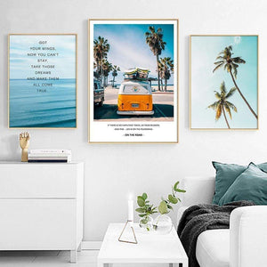 Modern Landscape Poster Tropical Sea Palm Tree Bus Wall Art Inspirational Canvas Painting Picture Living Room Home Decoration