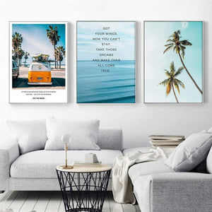 Modern Landscape Poster Tropical Sea Palm Tree Bus Wall Art Inspirational Canvas Painting Picture Living Room Home Decoration