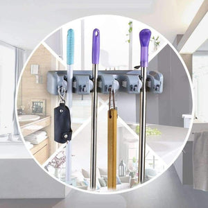Planet Gates Mop and Broom Holder Wall Garage Tool Cupboard Organizer Rack 5 Positions with Hooks Garage Shelving System
