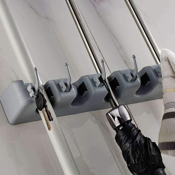 Planet Gates Mop and Broom Holder Wall Garage Tool Cupboard Organizer Rack 5 Positions with Hooks Garage Shelving System
