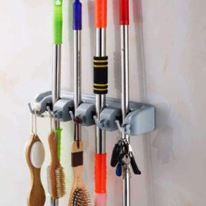 Planet Gates Mop and Broom Holder Wall Garage Tool Cupboard Organizer Rack 5 Positions with Hooks Garage Shelving System