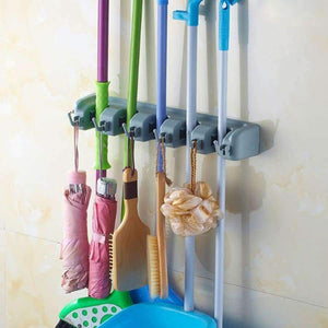 Planet Gates Mop and Broom Holder Wall Garage Tool Cupboard Organizer Rack 5 Positions with Hooks Garage Shelving System