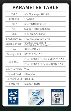 Planet Gates Motherboard Challenger H410M USB3.1 LGA1200 M-ATX SATA 3.0 PCI-E NVME Support intel 10th Core Dual channel DDR4