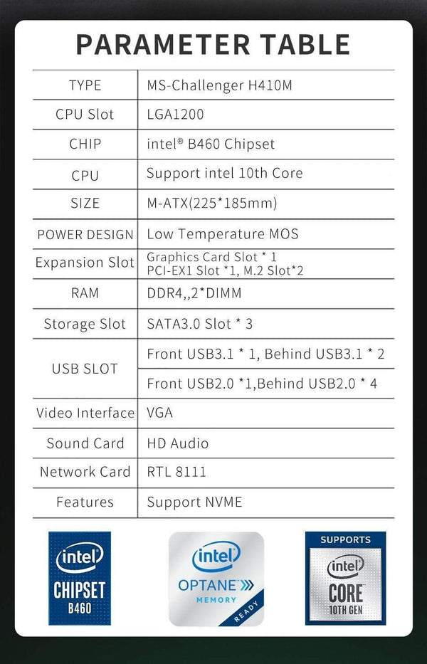 Planet Gates Motherboard Challenger H410M USB3.1 LGA1200 M-ATX SATA 3.0 PCI-E NVME Support intel 10th Core Dual channel DDR4