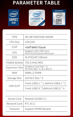 Planet Gates Motherboard Meterstone B460M USB3.1*3 LGA1200 M-ATX SATA 3.0 PCI-E NVME support intel 10th Core PCIE 16X alloy armor slot