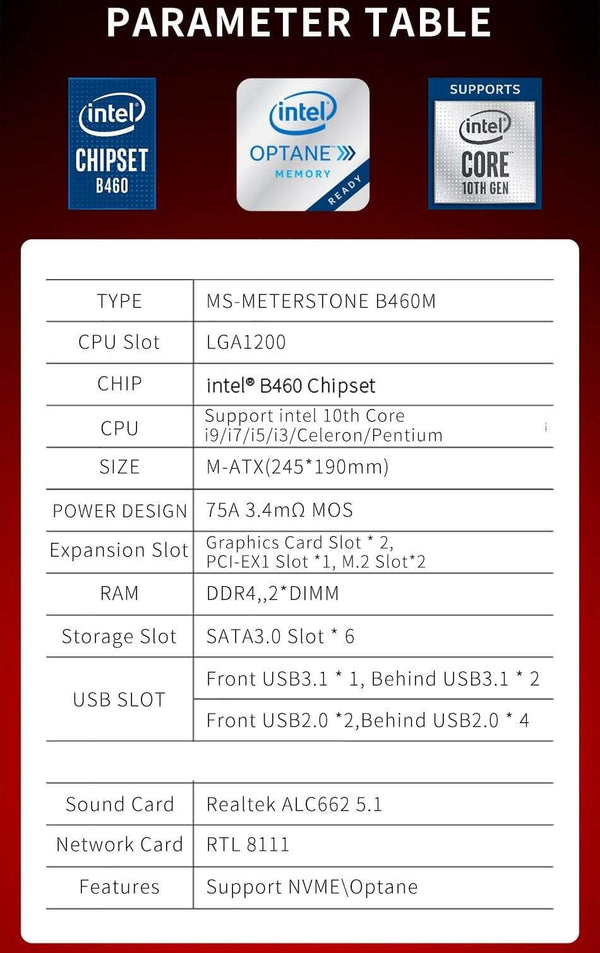 Planet Gates Motherboard Meterstone B460M USB3.1*3 LGA1200 M-ATX SATA 3.0 PCI-E NVME support intel 10th Core PCIE 16X alloy armor slot