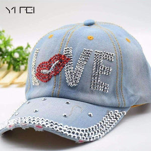 Planet Gates Mouth LOVE Rhinestone Denim Baseball Cap Good Quality Skull Outdoor Sports Snapback Hats For Men Women 2018 Wholesale Brand