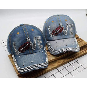 Planet Gates Mouth LOVE Rhinestone Denim Baseball Cap Good Quality Skull Outdoor Sports Snapback Hats For Men Women 2018 Wholesale Brand