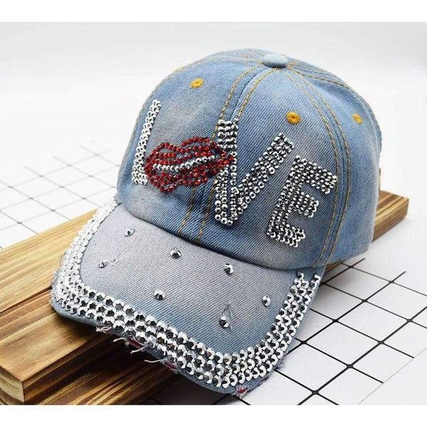 Planet Gates Mouth LOVE Rhinestone Denim Baseball Cap Good Quality Skull Outdoor Sports Snapback Hats For Men Women 2018 Wholesale Brand