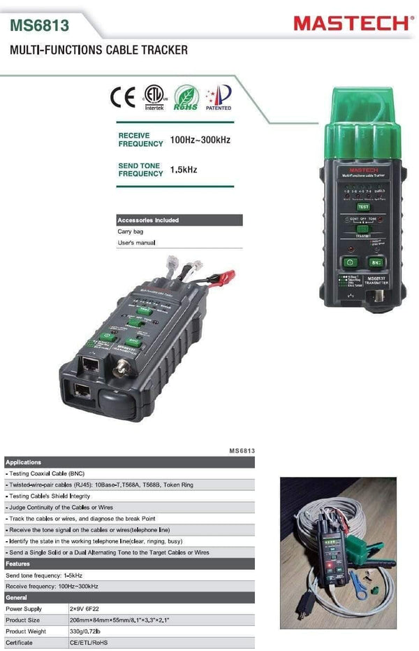 Planet Gates MS6813 Multi-function Network Cable Telephone Line Tester Detector Transmitter RJ45 Fault Locator Tracker