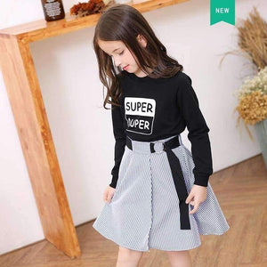Planet Gates Multi / 6 Fashion Girls Tracksuits Long Sleeve Black T Shirt + Belt Stripe Skirts Toddler Teenage Girls Clothing Set School 6 8 10 12 14
