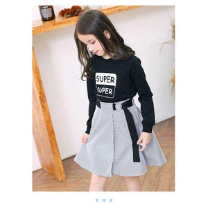 Planet Gates Multi / 6 Fashion Girls Tracksuits Long Sleeve Black T Shirt + Belt Stripe Skirts Toddler Teenage Girls Clothing Set School 6 8 10 12 14
