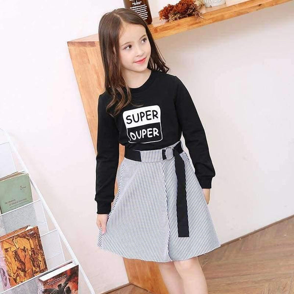 Planet Gates Multi / 6 Fashion Girls Tracksuits Long Sleeve Black T Shirt + Belt Stripe Skirts Toddler Teenage Girls Clothing Set School 6 8 10 12 14
