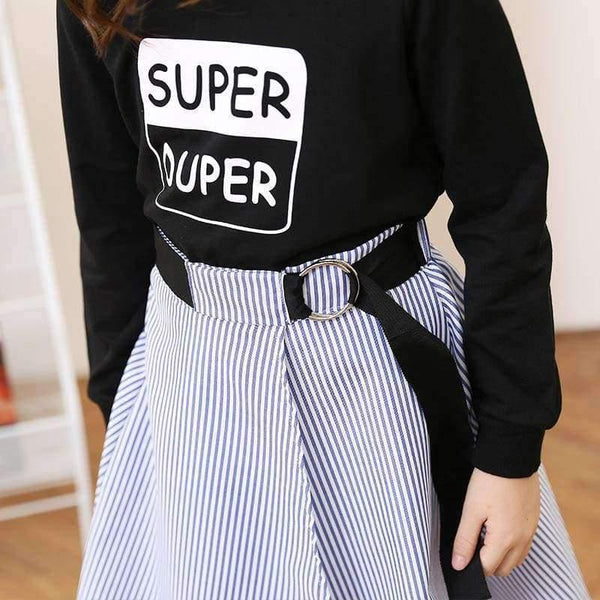 Planet Gates Multi / 6 Fashion Girls Tracksuits Long Sleeve Black T Shirt + Belt Stripe Skirts Toddler Teenage Girls Clothing Set School 6 8 10 12 14