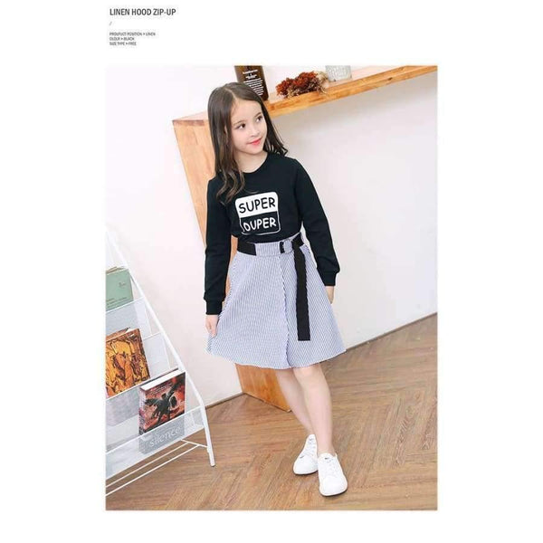 Planet Gates Multi / 6 Fashion Girls Tracksuits Long Sleeve Black T Shirt + Belt Stripe Skirts Toddler Teenage Girls Clothing Set School 6 8 10 12 14