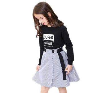 Planet Gates Multi / 6 Fashion Girls Tracksuits Long Sleeve Black T Shirt + Belt Stripe Skirts Toddler Teenage Girls Clothing Set School 6 8 10 12 14