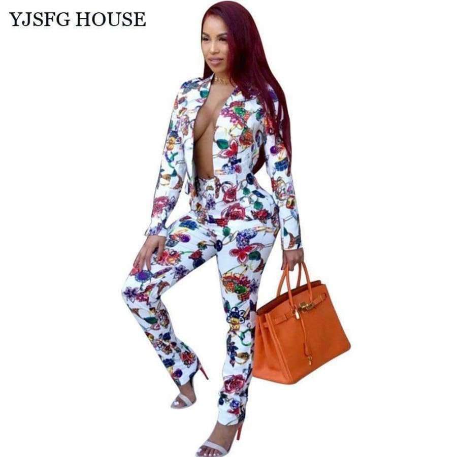 Planet Gates Multi / L Elegant Women Business Suits Casual Ladies Autumn Office Work Suits 2017 Blazer And Trousers Print Two Piece Set