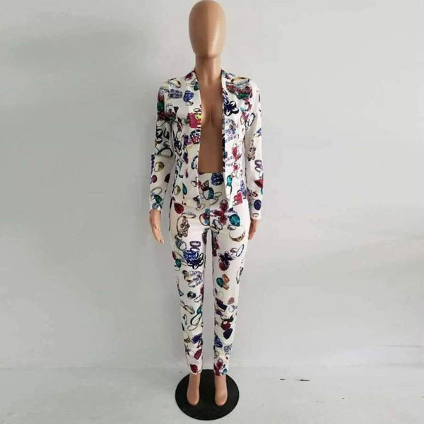 Planet Gates Multi / L Elegant Women Business Suits Casual Ladies Autumn Office Work Suits 2017 Blazer And Trousers Print Two Piece Set