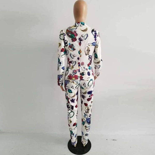 Planet Gates Multi / L Elegant Women Business Suits Casual Ladies Autumn Office Work Suits 2017 Blazer And Trousers Print Two Piece Set