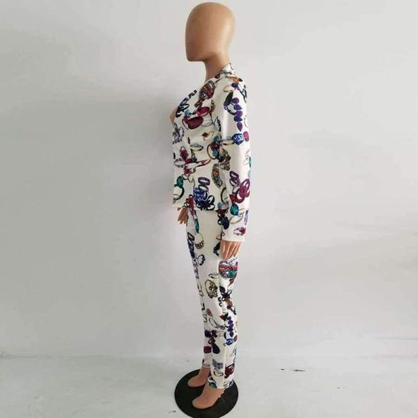 Planet Gates Multi / L Elegant Women Business Suits Casual Ladies Autumn Office Work Suits 2017 Blazer And Trousers Print Two Piece Set