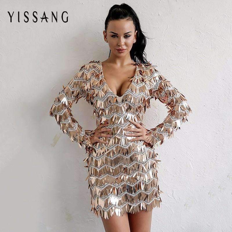Planet Gates Multi / L Evening Party Sexy V Neck Mini Dress Women 2018 Crystal Outfits Dresses Summer Long Sleeve Zipper Sequin Dress Vestidos