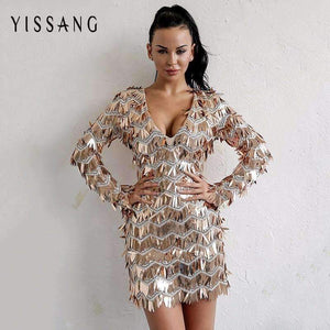 Planet Gates Multi / L Evening Party Sexy V Neck Mini Dress Women 2018 Crystal Outfits Dresses Summer Long Sleeve Zipper Sequin Dress Vestidos