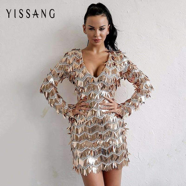 Planet Gates Multi / L Evening Party Sexy V Neck Mini Dress Women 2018 Crystal Outfits Dresses Summer Long Sleeve Zipper Sequin Dress Vestidos