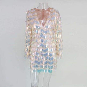 Planet Gates Multi / L Evening Party Sexy V Neck Mini Dress Women 2018 Crystal Outfits Dresses Summer Long Sleeve Zipper Sequin Dress Vestidos