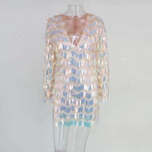 Planet Gates Multi / L Evening Party Sexy V Neck Mini Dress Women 2018 Crystal Outfits Dresses Summer Long Sleeve Zipper Sequin Dress Vestidos