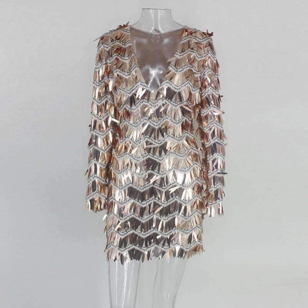 Planet Gates Multi / L Evening Party Sexy V Neck Mini Dress Women 2018 Crystal Outfits Dresses Summer Long Sleeve Zipper Sequin Dress Vestidos