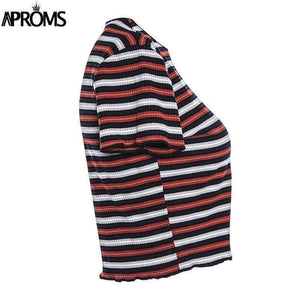 Planet Gates Multi / L Multi Stripe Blocked Stretch T-shirt Women Summer Crop Top 90s Basic Tshirt Casual Short Sleeve Ribbed T Shirt Female Top