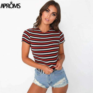 Planet Gates Multi / L Multi Stripe Blocked Stretch T-shirt Women Summer Crop Top 90s Basic Tshirt Casual Short Sleeve Ribbed T Shirt Female Top
