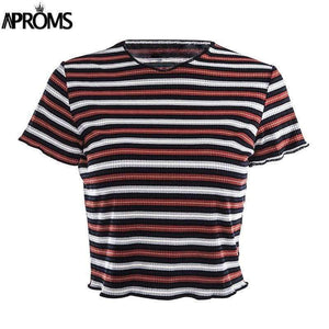 Planet Gates Multi / L Multi Stripe Blocked Stretch T-shirt Women Summer Crop Top 90s Basic Tshirt Casual Short Sleeve Ribbed T Shirt Female Top