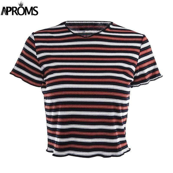 Planet Gates Multi / L Multi Stripe Blocked Stretch T-shirt Women Summer Crop Top 90s Basic Tshirt Casual Short Sleeve Ribbed T Shirt Female Top