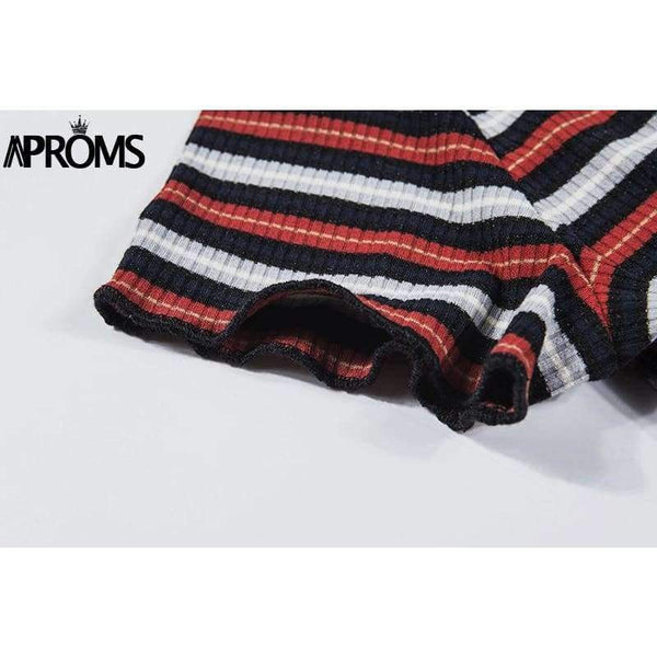 Planet Gates Multi / L Multi Stripe Blocked Stretch T-shirt Women Summer Crop Top 90s Basic Tshirt Casual Short Sleeve Ribbed T Shirt Female Top