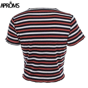 Planet Gates Multi / L Multi Stripe Blocked Stretch T-shirt Women Summer Crop Top 90s Basic Tshirt Casual Short Sleeve Ribbed T Shirt Female Top