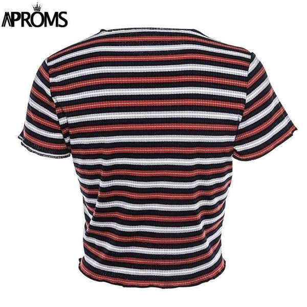 Planet Gates Multi / L Multi Stripe Blocked Stretch T-shirt Women Summer Crop Top 90s Basic Tshirt Casual Short Sleeve Ribbed T Shirt Female Top