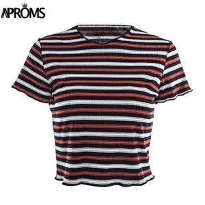 Planet Gates Multi / L Multi Stripe Blocked Stretch T-shirt Women Summer Crop Top 90s Basic Tshirt Casual Short Sleeve Ribbed T Shirt Female Top