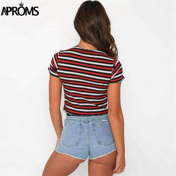 Planet Gates Multi / L Multi Stripe Blocked Stretch T-shirt Women Summer Crop Top 90s Basic Tshirt Casual Short Sleeve Ribbed T Shirt Female Top