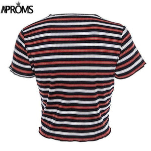 Planet Gates Multi / L Multi Stripe Blocked Stretch T-shirt Women Summer Crop Top 90s Basic Tshirt Casual Short Sleeve Ribbed T Shirt Female Top