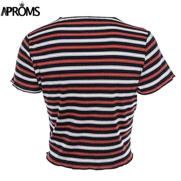 Planet Gates Multi / L Multi Stripe Blocked Stretch T-shirt Women Summer Crop Top 90s Basic Tshirt Casual Short Sleeve Ribbed T Shirt Female Top