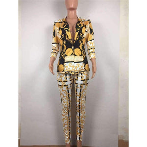 Planet Gates Multi / L Sexy Two Piece Pant Suits Women Print Notched Single Button Long Sleeve Slim Blazer Jacket and Tight Pants Set