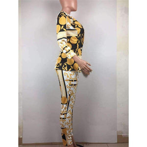 Planet Gates Multi / L Sexy Two Piece Pant Suits Women Print Notched Single Button Long Sleeve Slim Blazer Jacket and Tight Pants Set