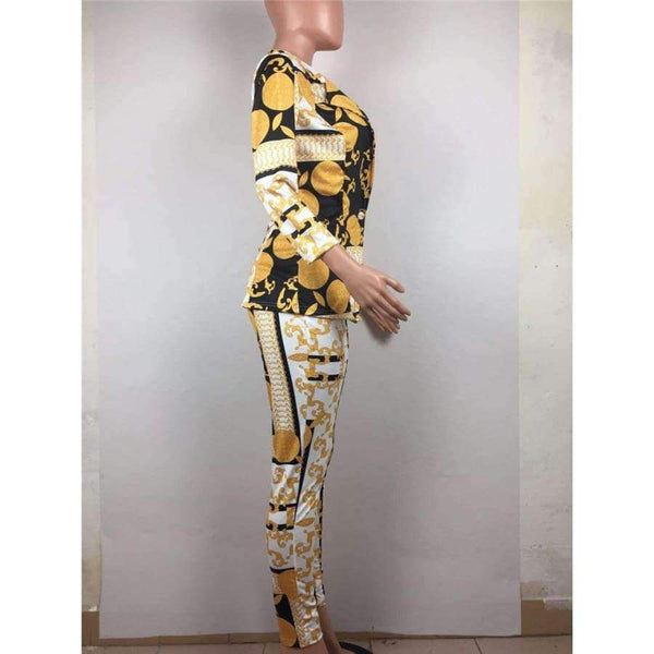 Planet Gates Multi / L Sexy Two Piece Pant Suits Women Print Notched Single Button Long Sleeve Slim Blazer Jacket and Tight Pants Set