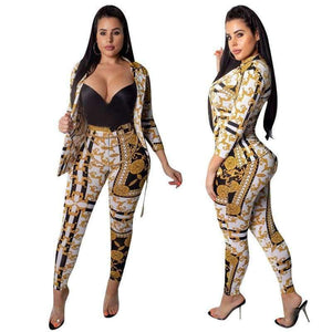 Planet Gates Multi / L Sexy Two Piece Pant Suits Women Print Notched Single Button Long Sleeve Slim Blazer Jacket and Tight Pants Set