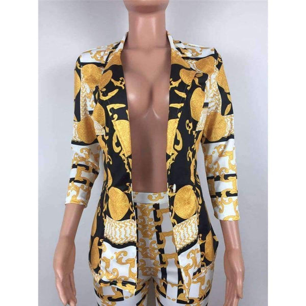 Planet Gates Multi / L Sexy Two Piece Pant Suits Women Print Notched Single Button Long Sleeve Slim Blazer Jacket and Tight Pants Set