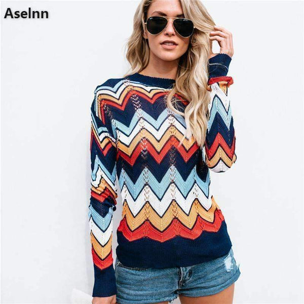 Planet Gates Multi / S Autumn Winter Women Colorful Striped Sweater 2018 Casual Long Sleeve O-neck Knitted Pullovers Female Tricot Knitwear