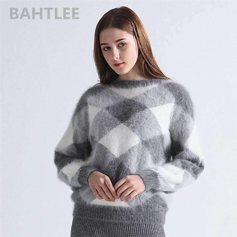 Planet Gates Multi / S Autumn winter women's angora rabbit knitted lantern sleeve pullovers sweater Colorblock Diamond geometry keep warm